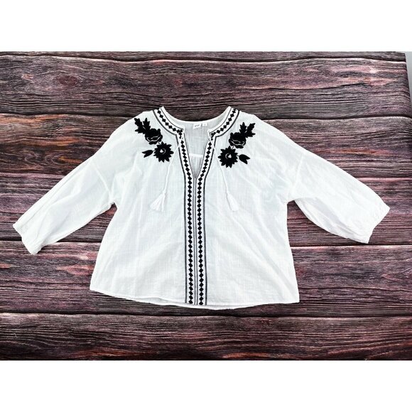 GAP Womens Sz S White Floral Embroidered Tunic Peasant Top Tassel Oversized Blue - Picture 7 of 11